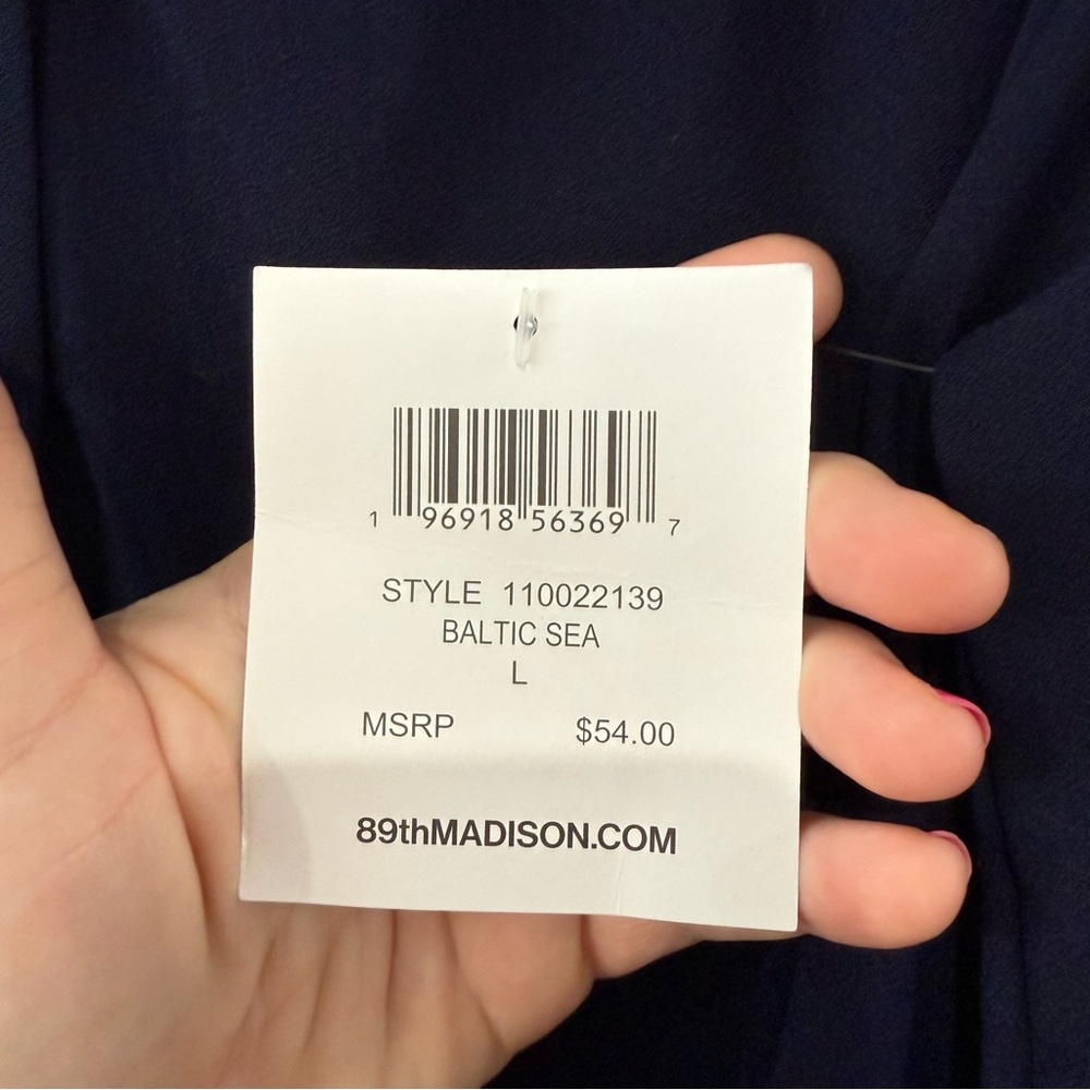 NWT 89th + Madison Large Navy Blue Balloon Sleeve Blouse Stretch Perl Button - Picture 4 of 6